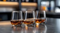 Whiskey or bourbon in three glasses with ice on dark counter, suitable for beverage, alcohol, and hospitality industry marketing.