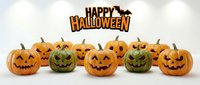 Row of carved jack-o-lantern pumpkins with glowing faces in orange and green, isolated on white background for seasonal Halloween decorations and festive design projects.