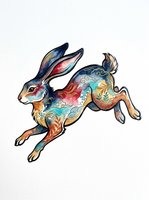Colorful decorative rabbit leaping with ornate patterned body in blue, red, and gold tones, isolated on transparent background, ready for t-shirts, stickers, clipart, and print-on-demand designs.