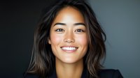 Young Asian woman with bright genuine smile and natural makeup against dark background, radiating confidence and joy in professional headshot style portrait.