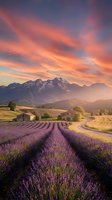 Lavender field rows leading to rustic farmhouse with dramatic mountain backdrop at golden hour sunset creating romantic countryside atmosphere.