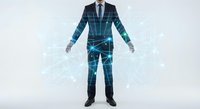 Businessman in suit with digital network overlay and glowing connections representing technology, data flow and corporate innovation concepts.