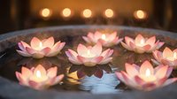Floating pink lotus candles in water bowl create serene spa atmosphere with warm bokeh lights for meditation and relaxation rituals.