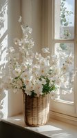 White delicate flowers in wicker basket on windowsill with natural sunlight casting soft shadows through window, creating serene home interior atmosphere.