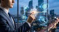 Professional businessman touching digital interface with business analytics icons overlooking modern city skyline at dusk for corporate technology presentations.