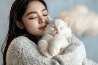 Young Asian woman in cozy gray sweater holding sleeping white Persian cat, eyes closed in peaceful moment against soft blue background. Perfect for wellness and pet care concepts.