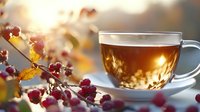 Warm herbal tea in glass cup with autumn berries and golden sunlight creating cozy seasonal atmosphere for relaxation and wellness moments.