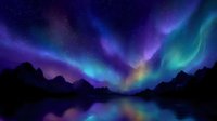 Vibrant aurora borealis lights dance across night sky, reflecting in calm lake waters surrounded by mountain silhouettes in mystical purple and turquoise colors.