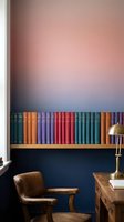 Elegant home library corner with colorful vintage book collection on wooden shelf against deep blue wall, leather armchair, brass lamp, and soft natural light from window for interior design and decor.