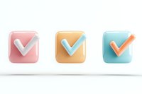 Colorful checkmark icons in soft pastel pink, orange and mint colors floating with shadows on white background, isolated design elements for digital projects.
