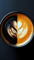 Contrasting black and orange latte art showing half dark roasted coffee and half creamy microfoam with delicate leaf pattern design in ceramic cup on dark background.