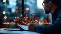 Businessman working late at office with illuminated cityscape view through window, writing notes while steam rises from coffee cup in moody evening atmosphere.