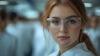 Young Caucasian woman with red hair wearing transparent glasses and white blouse looking at camera with confident expression against blurred office background.