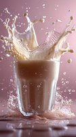 Dynamic splash of milk creating a crown-like formation above glass filled with chocolate milk on pink background, frozen motion capture with droplets in air.