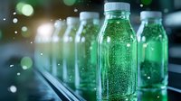 Green glass bottles filled with sparkling liquid on production line with bokeh light effects and selective focus creating modern industrial atmosphere.