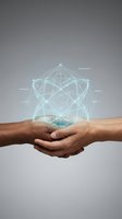 Hands holding glowing geometric holographic network structure with interconnected lines and nodes, representing digital innovation, technology, and data connectivity for business solutions.