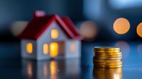 Small house model with glowing windows and stack of gold coins on reflective surface against blurred blue background, symbolizing real estate investment and property finance.