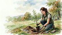 Young woman planting tree sapling in natural landscape. Environmental conservation, reforestation and sustainability concept for Earth Day campaigns.