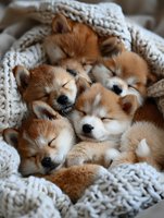 Adorable Pomeranian puppies sleeping together wrapped in cozy knitted blanket, showing peaceful expressions and fluffy ginger fur. Perfect for pet care content.