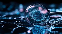 Magnifying glass examining glowing virus cell structure on dark background with blue technology lights and reflective surface, scientific research concept.