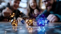 Glowing dice with magical sparkles on reflective surface create mystical gaming atmosphere while friends gather for tabletop entertainment in background.