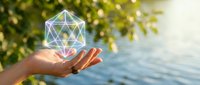 Hand holding glowing geometric crystal structure with sacred geometry pattern outdoors in natural sunlight for spiritual wellness and meditation concepts.