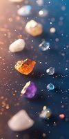 Floating healing crystals and gemstones with magical sparkles on dark blue background. Mystical mineral stones with bokeh light effects for spiritual wellness.