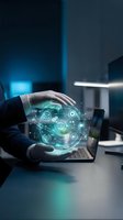Business professional hands protecting digital network sphere with communication icons above laptop in modern office environment for technology concepts.
