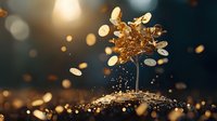 Golden coins falling around money tree growing from pile of coins, magical financial growth concept with sparkles and bokeh on dark background.