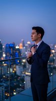 Young Asian businessman in suit adjusting tie on rooftop terrace overlooking illuminated city skyline at dusk for corporate success concepts.