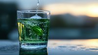 Refreshing green drink with splashing water drop in glass against sunset background. Carbonated beverage with lime slice and bubbles creates dynamic motion.
