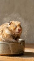 Golden hamster sitting in ceramic bowl with flour dust particles floating around it against neutral beige background. Suitable for pet care, humor, cooking, and animal content.