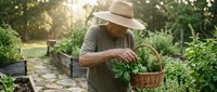 Senior man in straw hat harvesting fresh herbs and vegetables from organic garden into wicker basket during golden hour sunlight.