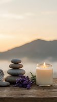 Zen spa composition with stacked stones, burning candle and lavender flowers on wooden surface at sunset for relaxation and wellness treatments.