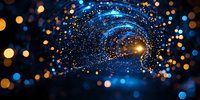 Magical spiral of glowing blue and gold particles swirling in dark space with bokeh light effects creating ethereal cosmic atmosphere for abstract backgrounds.