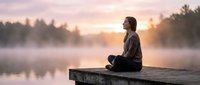Young woman meditating on wooden dock at misty lake during golden sunrise, peaceful morning meditation practice for wellness and mindfulness concepts.