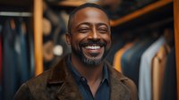 African American man with beard smiling warmly in clothing store, wearing brown jacket and navy shirt. Natural genuine expression conveys joy and confidence in retail setting.