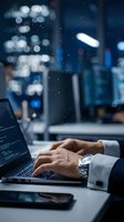 Professional businessman hands typing on laptop computer in modern office at night with city lights bokeh background for business technology concepts.