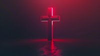 Glowing red neon cross reflected in water surface against dark background creates mysterious spiritual atmosphere for religious and faith concepts.