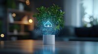 Glowing blue hologram house icon floating above white planter with green plant, bokeh lights background creates futuristic smart home concept.