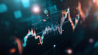 Financial market data visualization with candlestick chart and technical analysis indicators on dark blue background for trading and investment analysis.