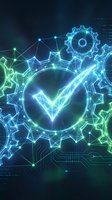 Glowing neon checkmark surrounded by interconnected gears and digital network nodes in blue and green light, representing quality assurance, technology validation, and system optimization for digital solutions.