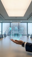 Businessman hand presenting insurtech innovation with digital icons and cityscape view through modern office window with conference table.