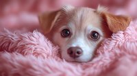 Adorable small dog with expressive eyes resting on soft pink fluffy blanket, creating warm and cozy atmosphere for pet care or animal companionship content.