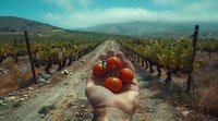 Fresh ripe cherry tomatoes held in farmer's hand against backdrop of vineyard rows stretching into misty mountain landscape on autumn morning.