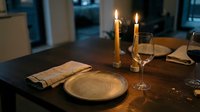 Elegant dinner table setting with lit candles, empty wine glasses, and gold charger plate on dark wood surface for fine dining and event planning.