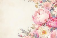 Delicate pink and cream peonies with sage green foliage arranged in corner composition on soft beige background, creating romantic floral border design.