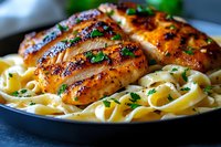 Grilled seasoned chicken breast with creamy fettuccine pasta garnished with fresh herbs and black pepper, served on dark plate with rich alfredo sauce.