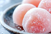 Pink mochi dessert balls covered in powdered sugar on ceramic plate, extreme close up macro shot showing soft texture and crystalline sugar coating.
