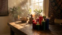 Cozy home interior with burning candles creating warm ambiance on wooden table. Soft natural light filters through window with plants in background.
